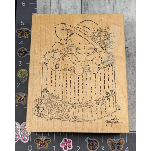 Stamps‎ Happen Cat in Hat Box Flowers Kitty Rubber Stamp Wood #E23 - Picture 1 of 4